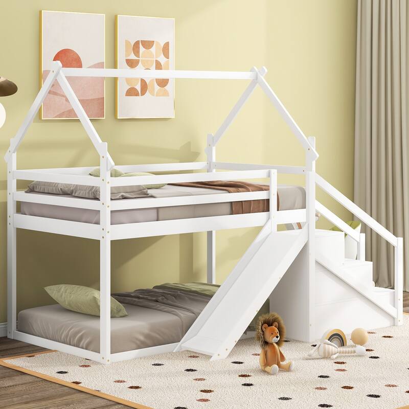 White Twin over Twin House Loft Bunk Bed with Slide, Staircase and Storage