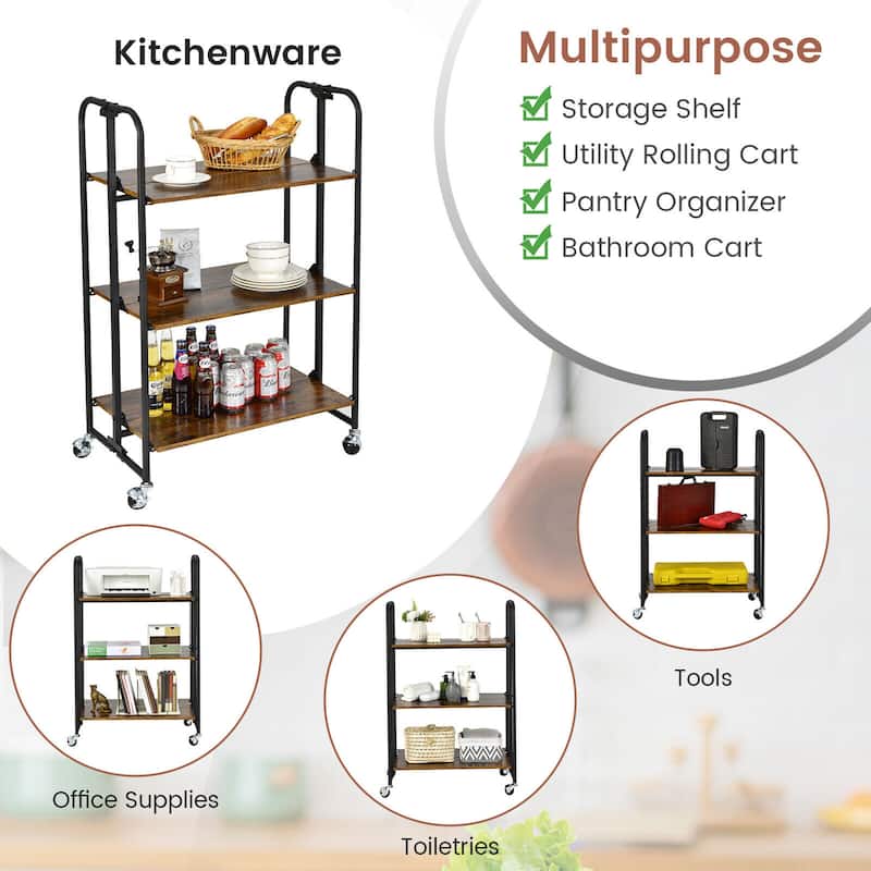 Gymax 3-Tier Folding Bar Cart Kitchen Serving Island Utility Cart