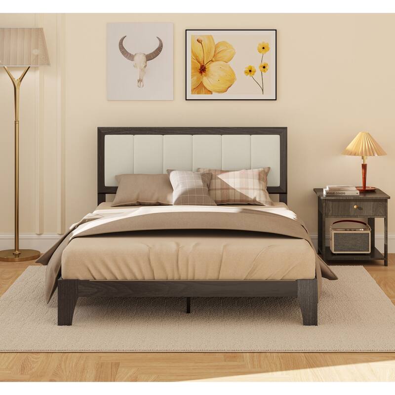HOMCOM Full Size Bed Frame with Upholstered Headboard, Platform Bed Frame with Wooden Slats