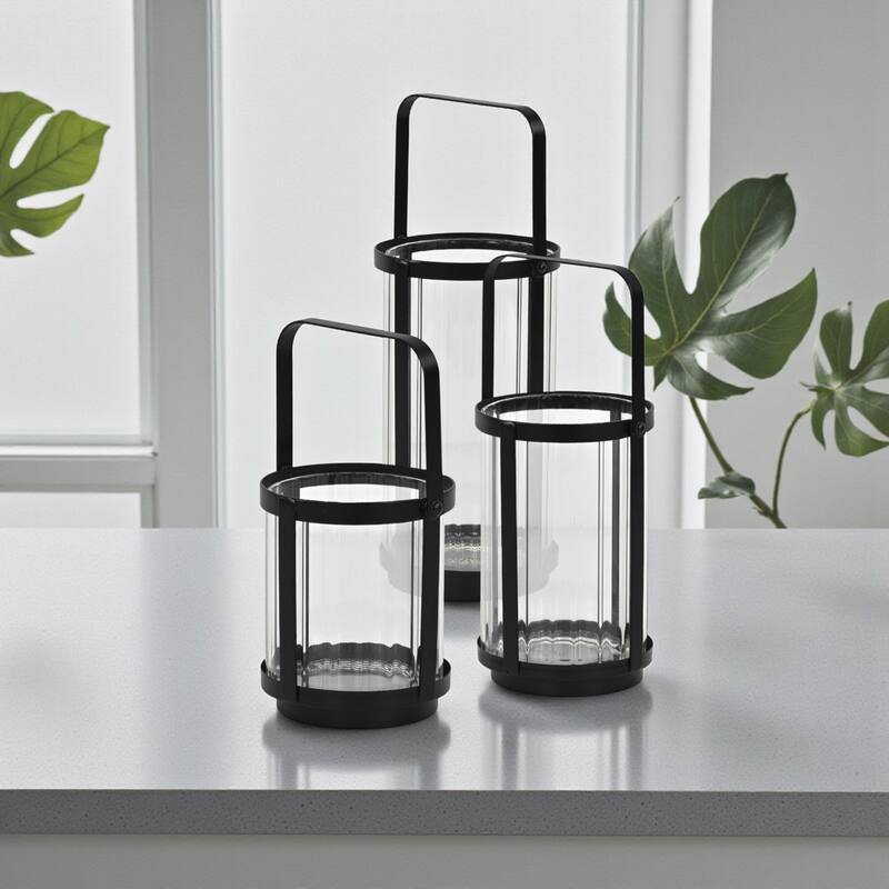Vortial Fluted Glass Candle Lantern with Black Metal Frame