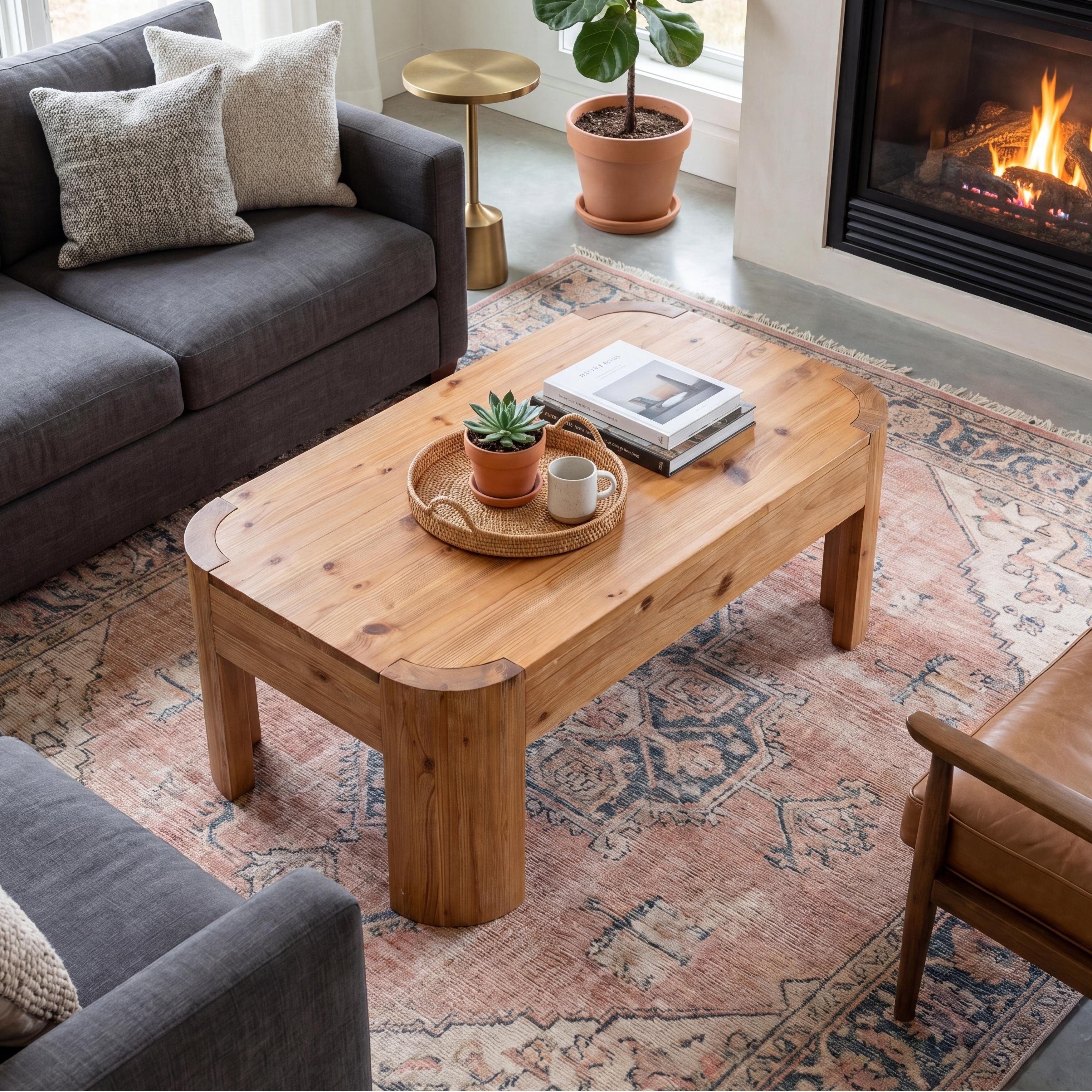 Solid Wood Rectangular Coffee Table with Rounded Corners for Living Room - 47.24'' L × 23.82'' W × 17.72'' H