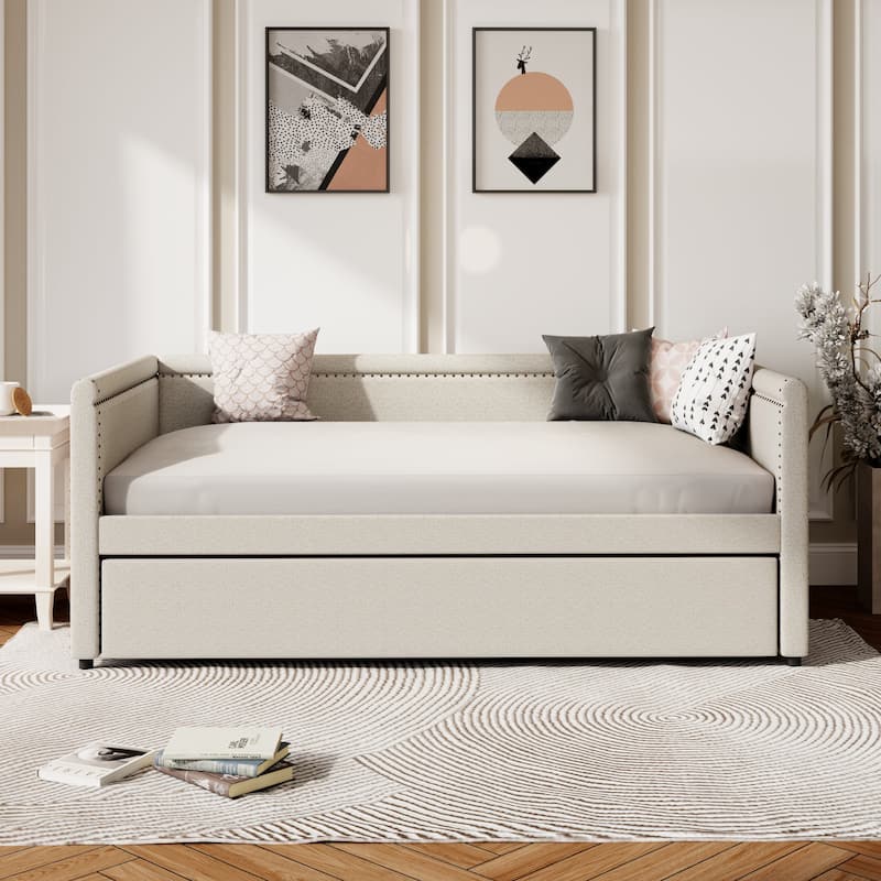 Modern Style Twin Size Upholstered Daybed with Trundle for Guest Room, Small Bedroom, Study Room, Beige - Beige