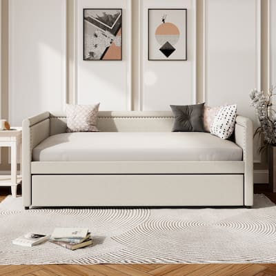 Twin Size Upholstered Daybed with Twin Trundle, Solid Wood Sofa Bed Frame with Nailhead Trim for Guest Room & Small Bedroom