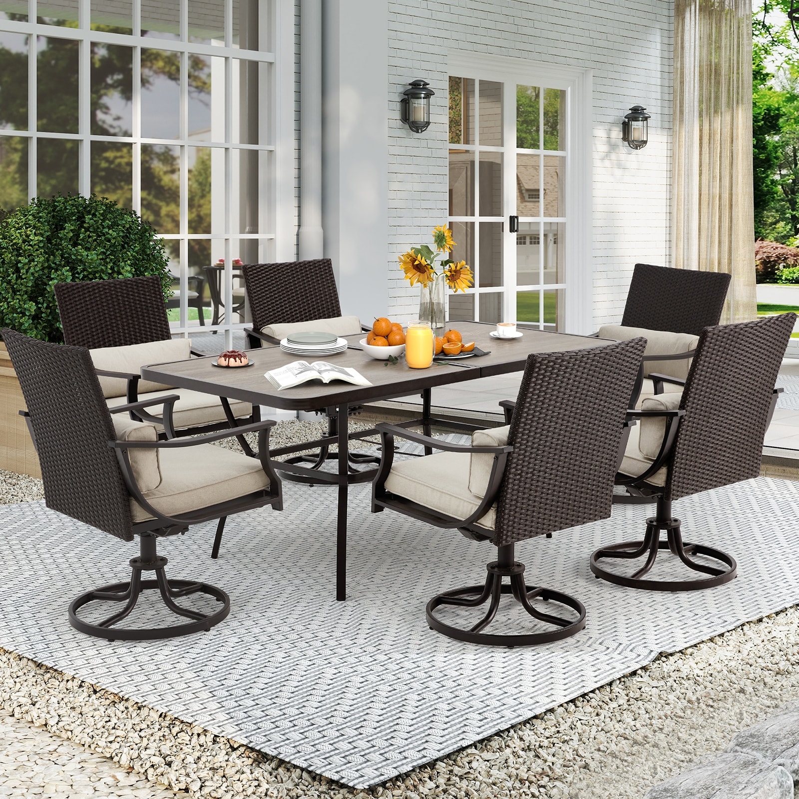 Outdoor Dining Set, Swivel Rocking Chairs, Rectangular Table w Umbrella Hole, Patio Furniture Set for Backyard