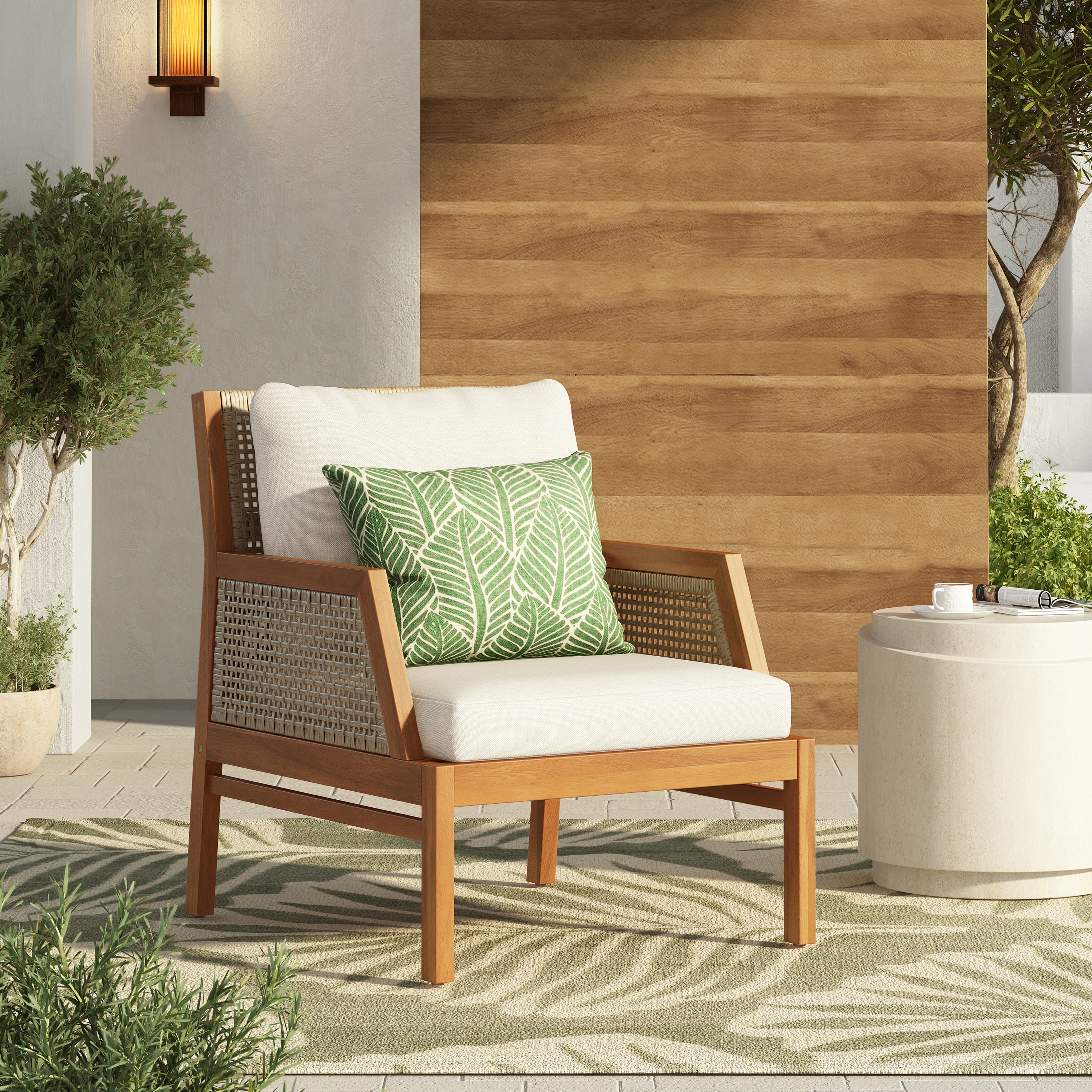 Acacia Wood Club Chair with Wicker and Water Repellent Cushions