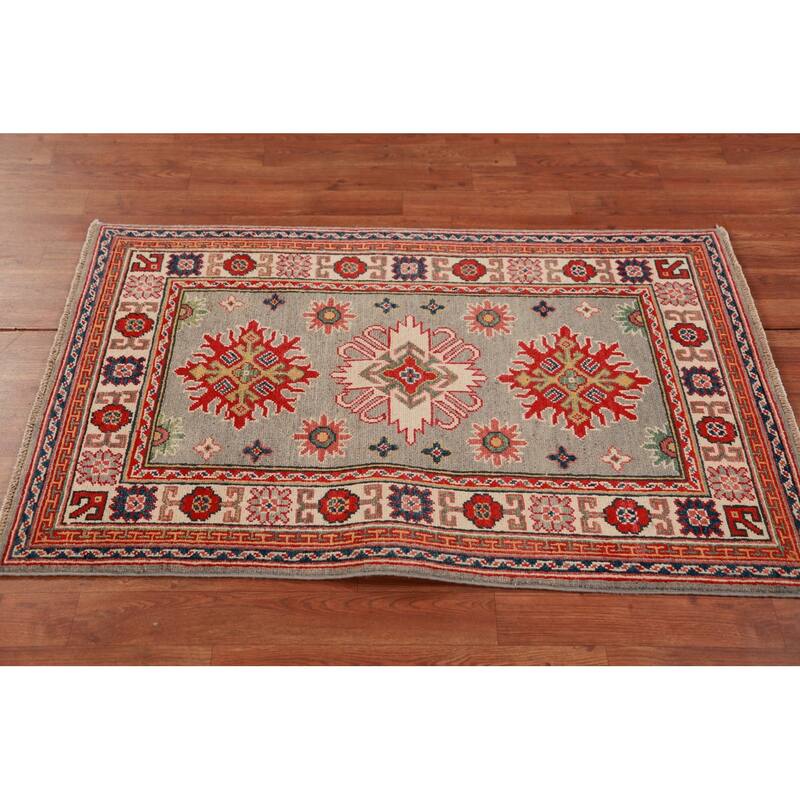Geometric Kazak Foyer Rug Hand-Knotted Accent Wool Carpet - 2'8"x 4'0"