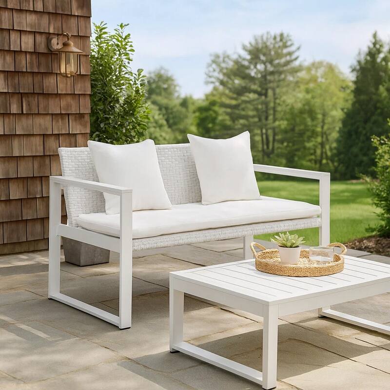 Lark 50 Inch Outdoor Sofa, White Aluminum Frame, Fade Resistant Cushions