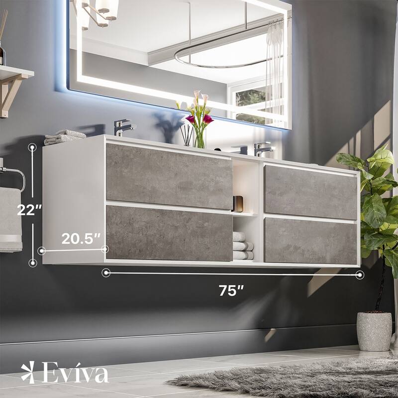 Vienna 75" Concrete Gray DS Bath Vanity with Integrated Acrylic Top