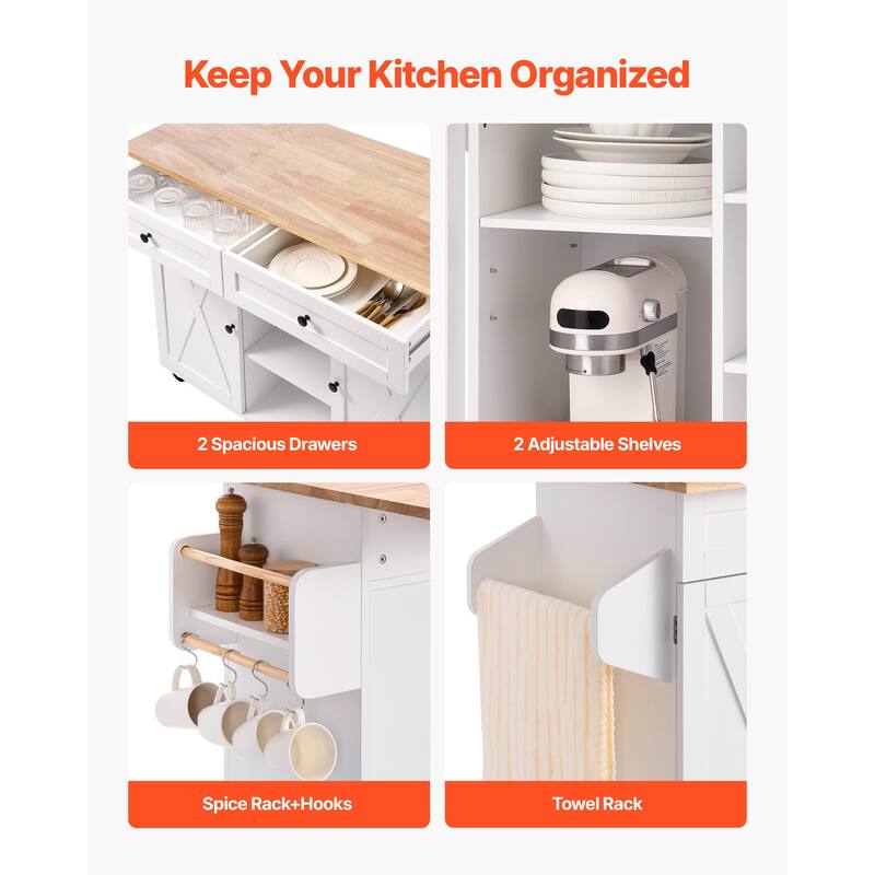 52" Kitchen Island Cart Rolling Storage Cabinet Table with Drawer & Drop Leaf