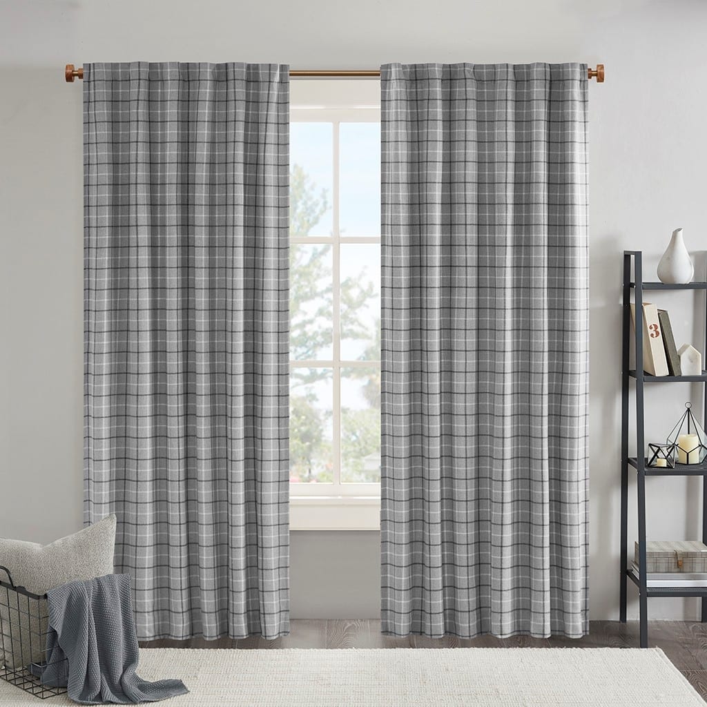 Plaid Faux Leather Tab Top Curtain Panel with Fleece Lining