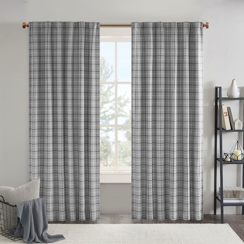 Plaid Faux Leather Tab Top Curtain Panel with Fleece Lining