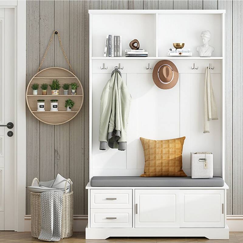 Hall Tree with Sliding Door Bench Cushion Silver Handle Storage Cabinet - White