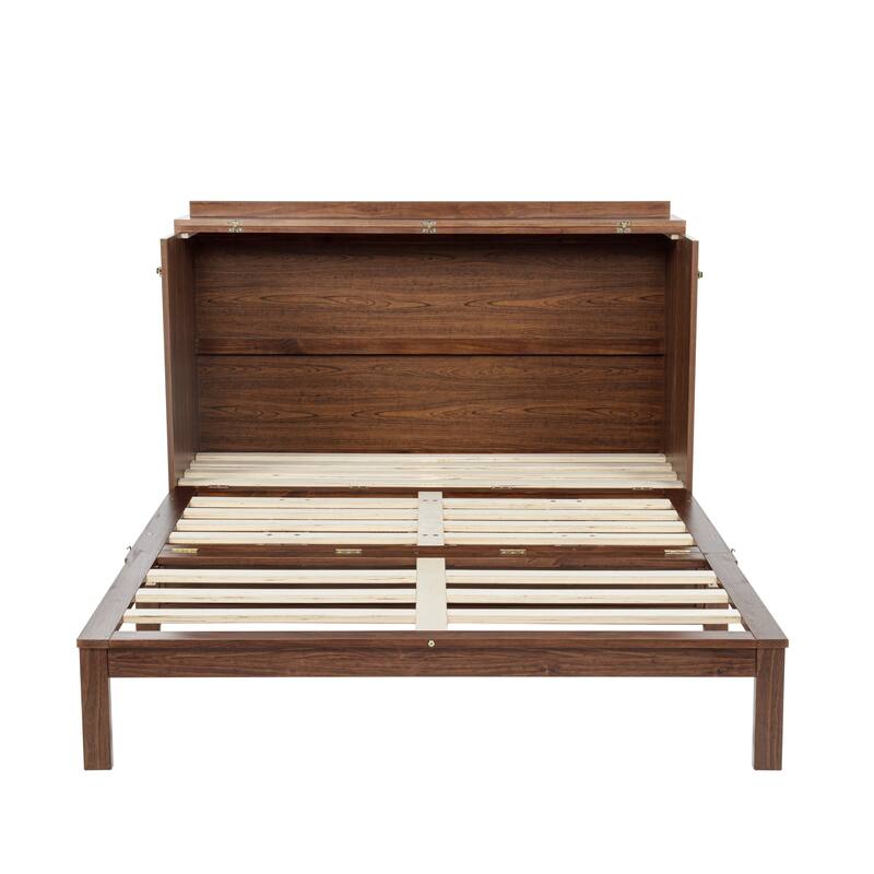 Queen Size Pine Wood Murphy Bed Cabinet with Power Station, Rattan Decoration Panel, and Large Storage Drawer