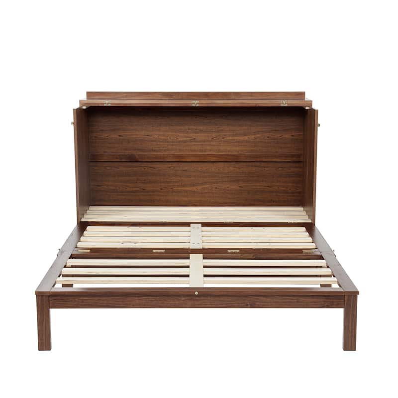 Roomfitters Queen Murphy Bed Cabinet, Pine Wood Fold-Down Bed with Power Station and Rattan Accent Panel