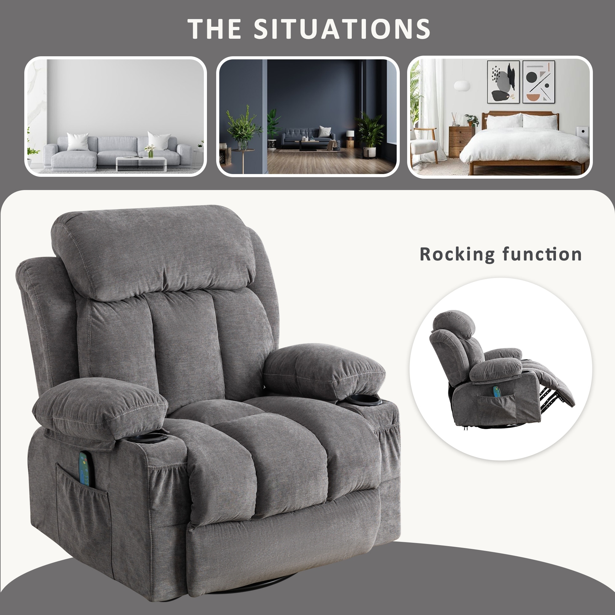 Grey Velvet Swinging Massage Recliner Sofa with USB Cup Holders and Rotation