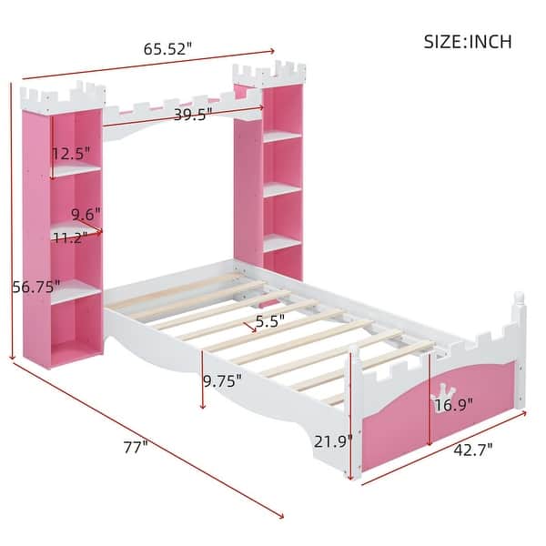dimension image slide 1 of 2, Twin Size Castle-Shaped Kids Platform Bed Frame with 2 Storage Bookshelf, Wooden Dreamy Princess Bed