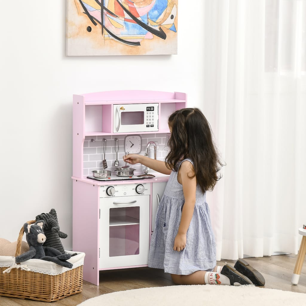 Qaba Pretend Play Kitchen Toy Set for Kids with Realistic Design, Stove Lights, Storage, Water Dispenser, for 3-6 Years Old