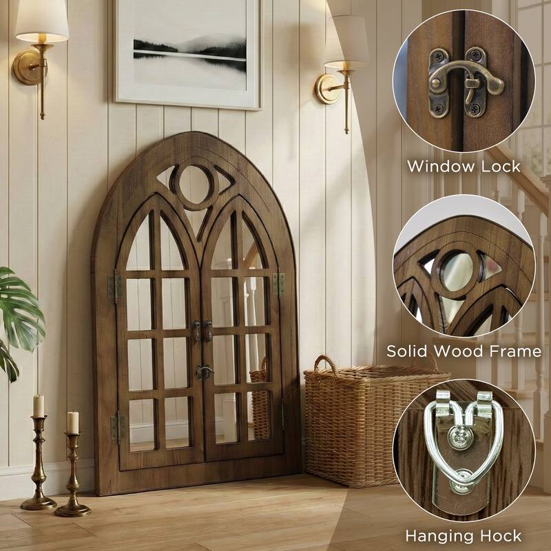 Classic Arched Wood Framed Window Pane Wall Mirror