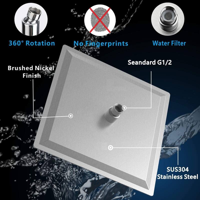 10 or 12 Inch Rain Fall Shower Head Solid Square Ultra Thin 304 Stainless Steel Full Body Coverage with Silicone Nozzle
