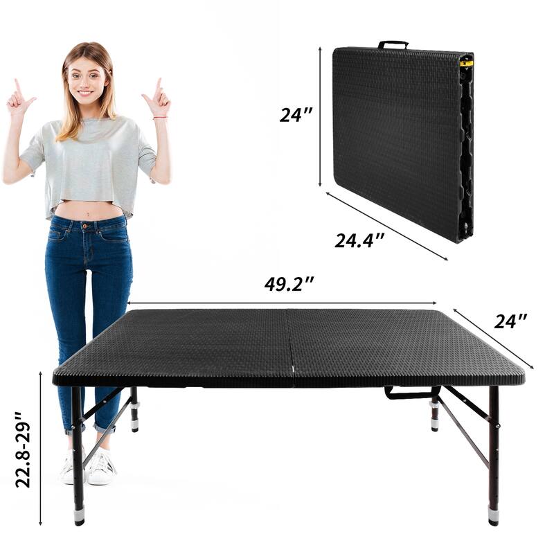 4ft Rattan Folding table for Indoor&Outdoor, Portable Foldable table Rattan Plaited Black - Black