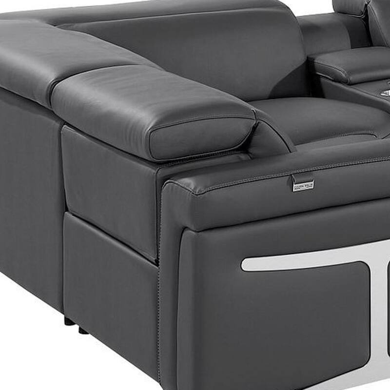 HomeRoots Dark Gray Italian Leather Power Reclining U Shaped Eight Piece Sectional With Console
