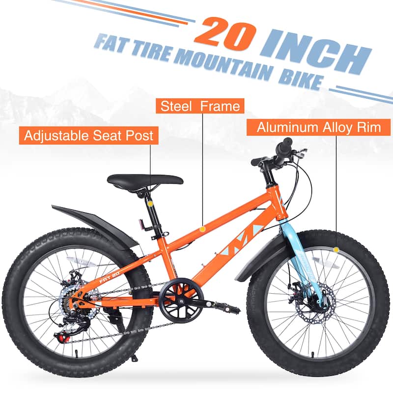 Kids' Fat Tire Bike - Dual-Disc Brake, Shimano 7-Speed, Beach/Snow Bicycle, Unisex - 20
