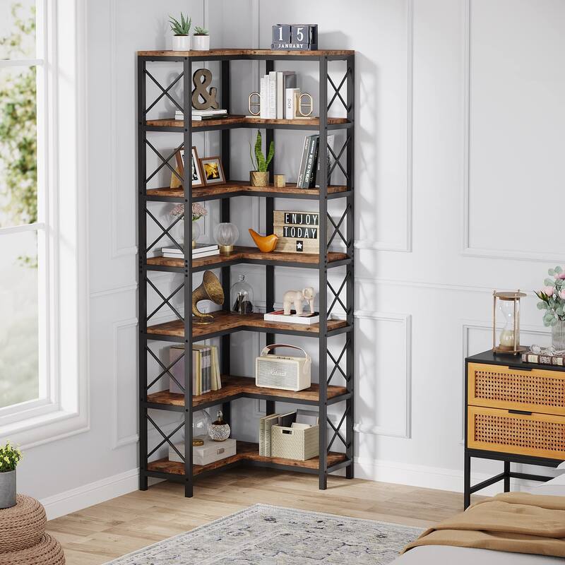 7Shelf Corner Bookshelf,Large Modern Corner Bookcase, 7Tier Tall