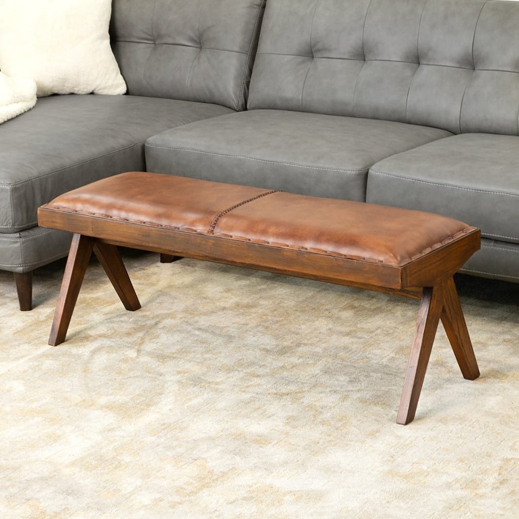 GDFStudio - Chad Modern Mid-Century 47.5" Genuine Leather Bench with Solid Wood Frame - 16.1"W