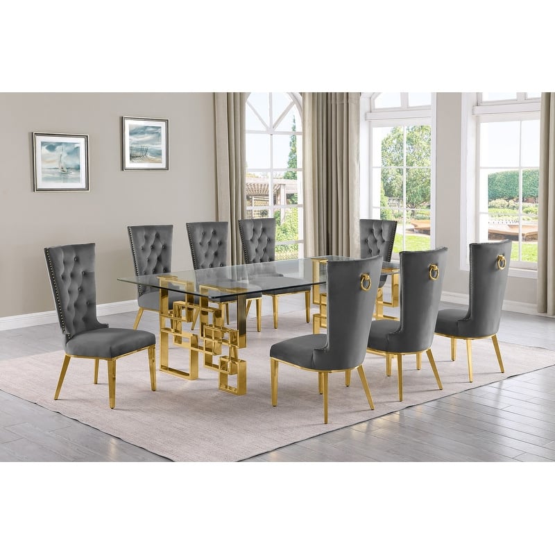 Best Quality Furniture D223/4-SC330-7 Dining Set with 95" 15mm Glass - 9-Piece - Dark Grey / Gold