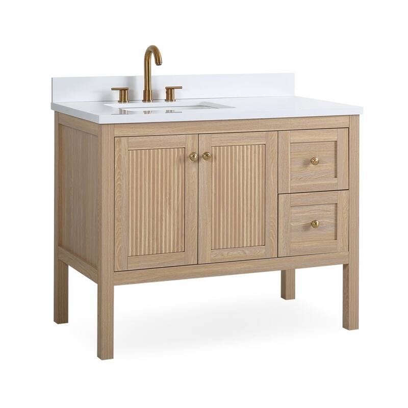 48 Inch Modern Light Oak Single Sink Bathroom Vanity With White Quartz Top