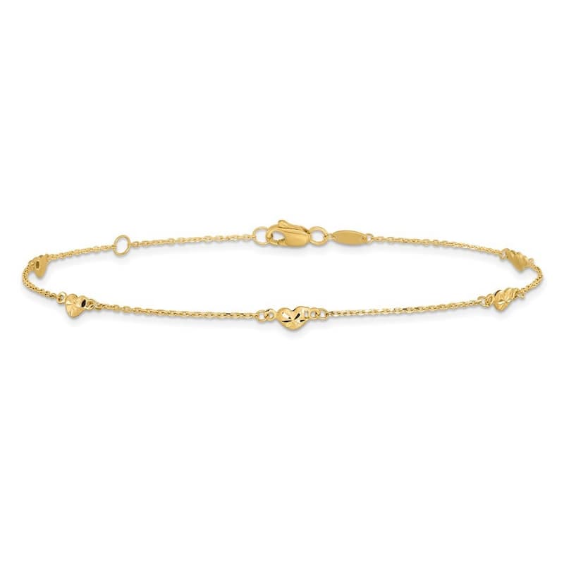 Curata Women's Italian 14k Yellow Gold Polished and Diamond-Cut Heart Anklet - 9+1 Inch