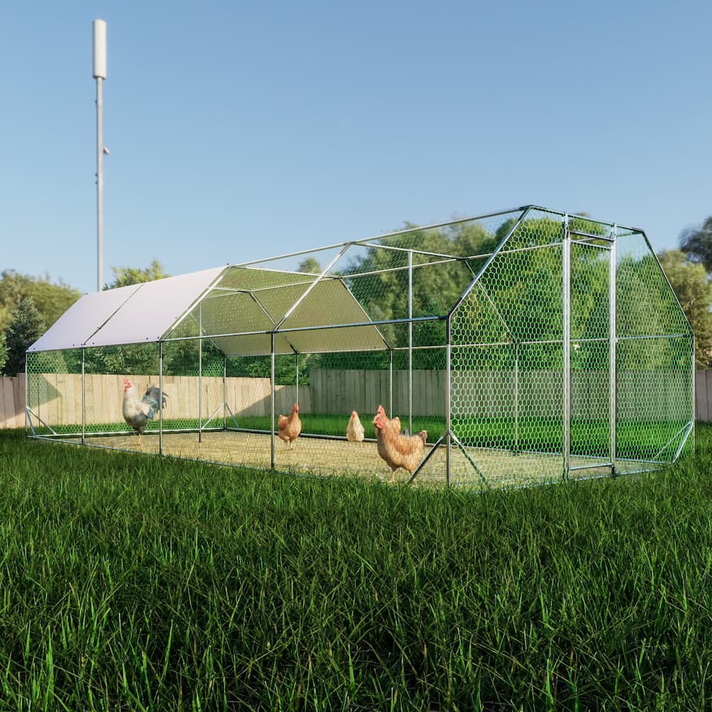 9.94 ft. x 25.68 ft. Galvanized Large Metal Walk in Chicken Coop Cage Farm Poultry Run Hutch Hen House - Silver