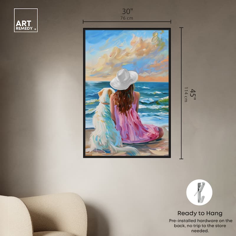 Art Remedy Girl And Her Best Friend Framed Colorful Coastal 1 Piece Canvas Wall Art