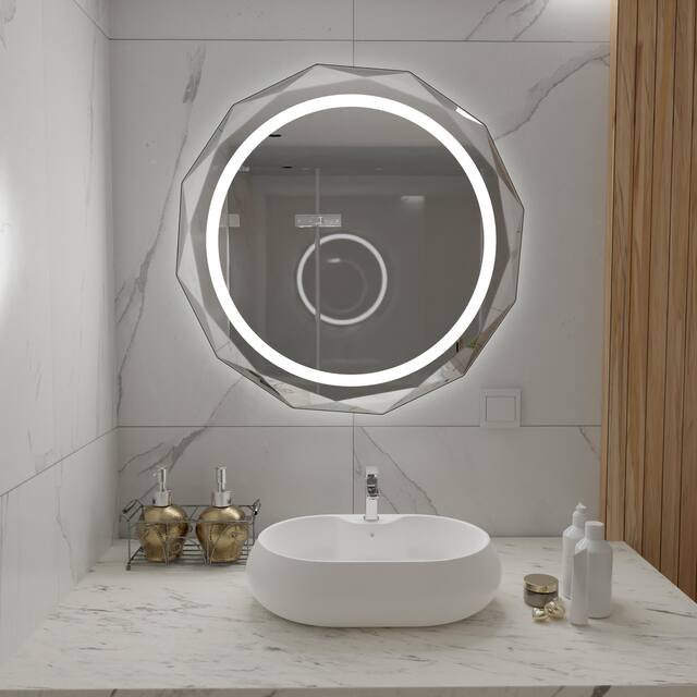 Single Beveled Edge Bathroom Wall Vanity Mirror - 30Round(with LED)