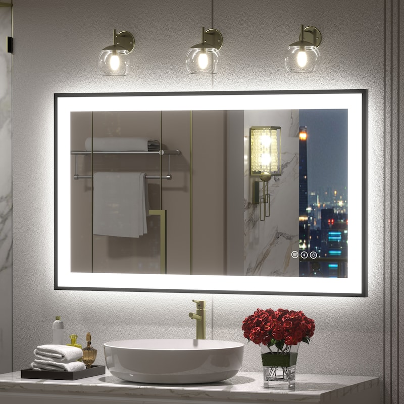 Front & Back LED Anti-Fog Tempered Glass Framed Bathroom/Vanity Mirror 3-Year Warranty - 40" x 24"-Square Corner - Black