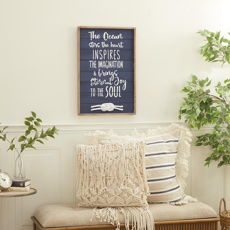 Wood Sign Ocean Home Wall Decor with Knotted Ropes - Blue - Roche River Decor
