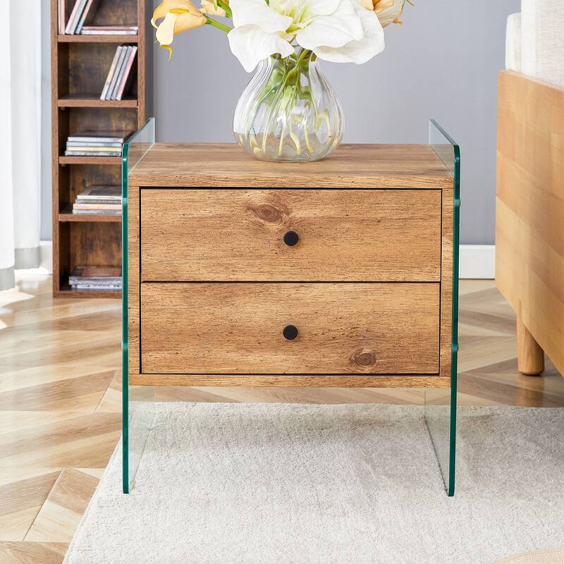 17.7" Modern Square Coffee Table with 2 Drawers and Tempered Glass Legs for Living Room