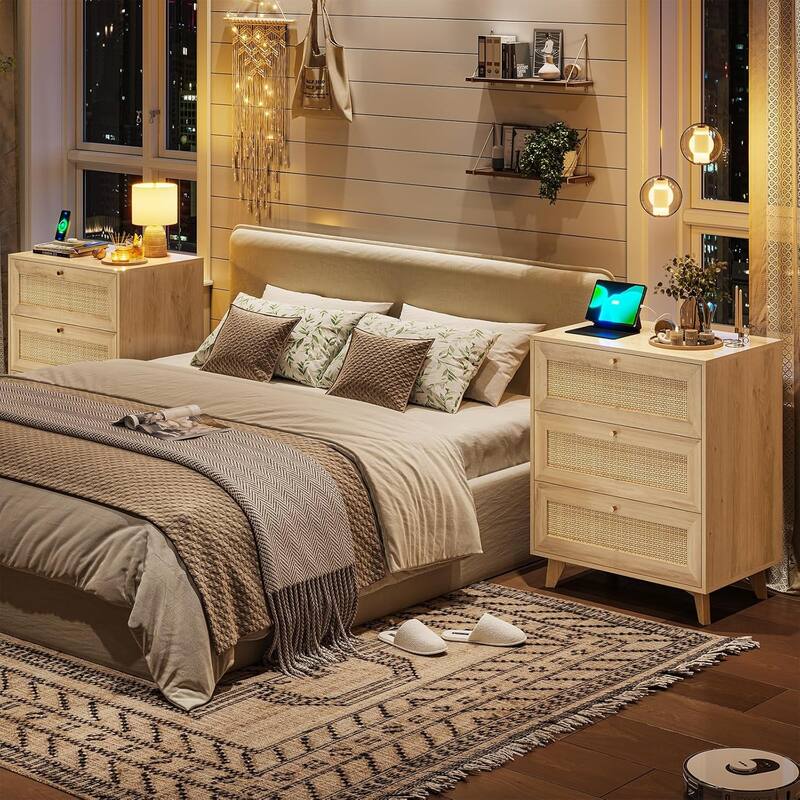 Rattan Nightstand for Bedroom Charging Station USB Ports LED Lights