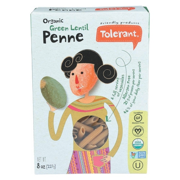 Tolerant Simply Legumes Green Lentil Pasta - Penne - Case of 6 - 8 oz.