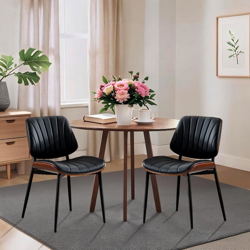 Dining Chairs Set of 2, Modern PU Leather Upholstered Accent Chairs with Shell Strips, Walnut Bentwood Back
