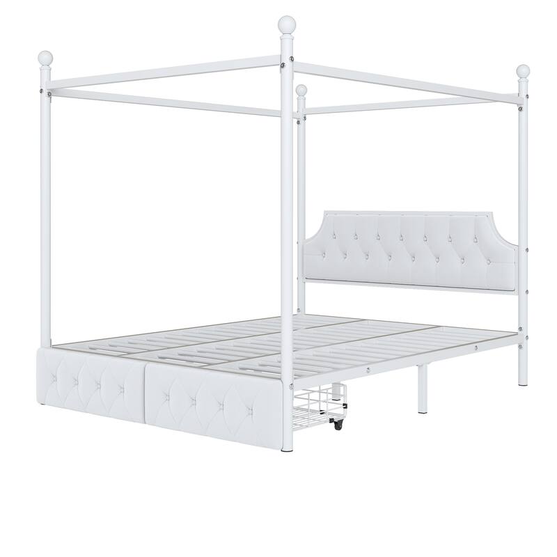 Queen Upholstered Canopy Bed Frame with 2 Drawers and Button Tufted Headboard/Metal Platform Bed Frame/Sturdy Metal Frame/White