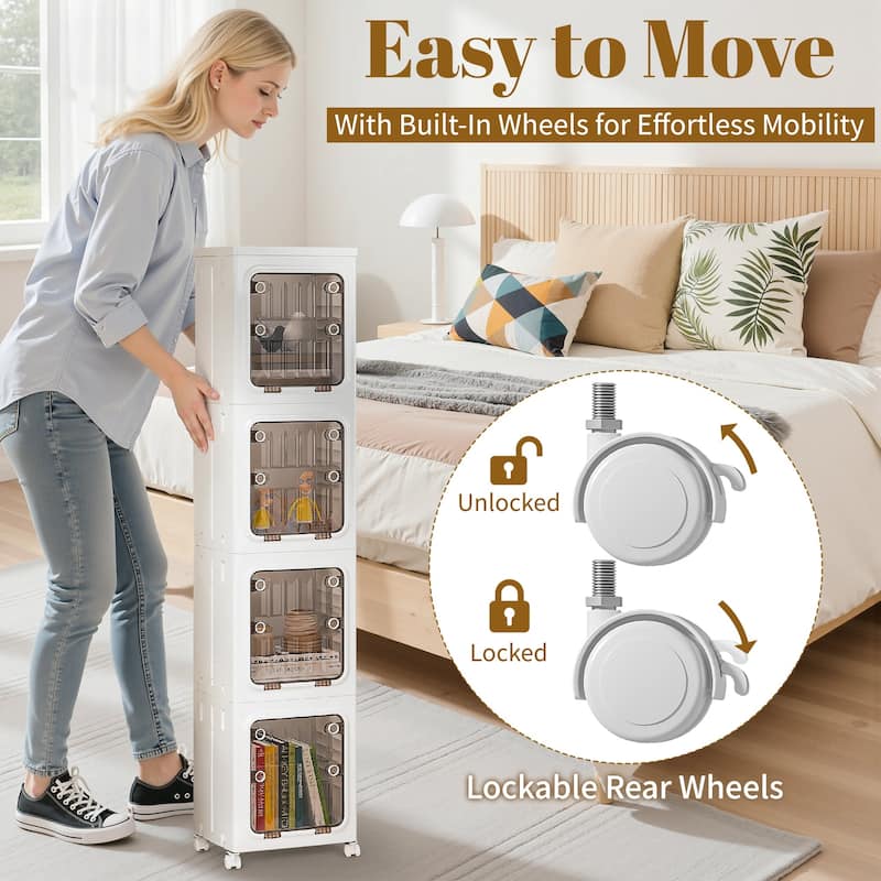 VECELO White 3-Tier & 4-Tier Narrow Storage Bins Foldable Stackable ABS Organizer Bins with Wheels for Bathroom Living Room