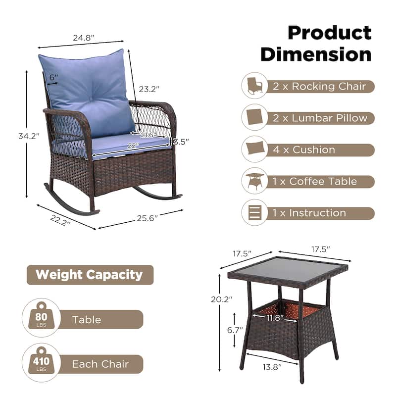 3-Piece Outdoor Rocking/Swivel Chair Set - PE Rattan Patio Furniture with Cushions & Coffee Table, Rocker Chairs for Backyard