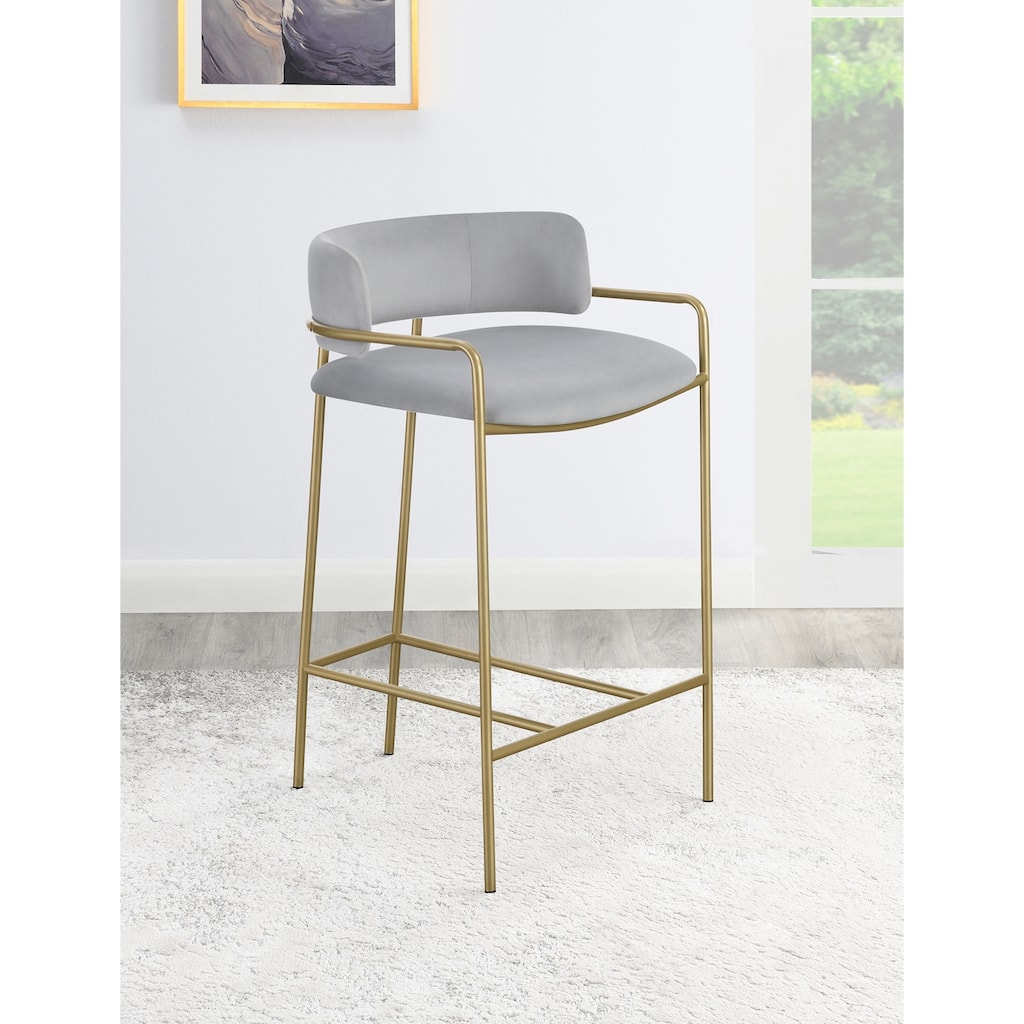 Upholstered Low Back Counter Height Stool in Grey and Brass
