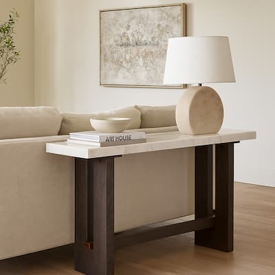 Haus Sofa Console Table, Marble Top, Panel legs, 52 Inch Brown Wood
