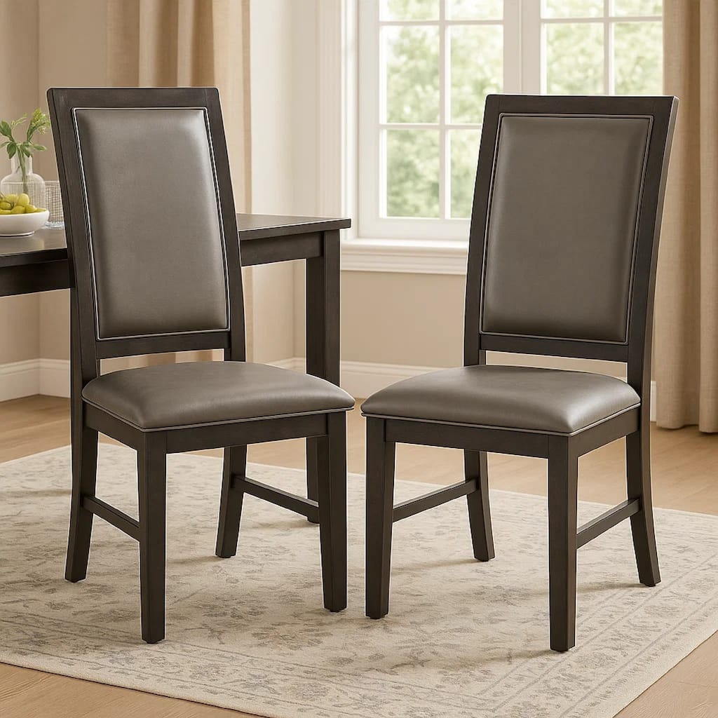 Side Dining Chair Set of 2, Gray Faux Leather, Espresso Brown Wood