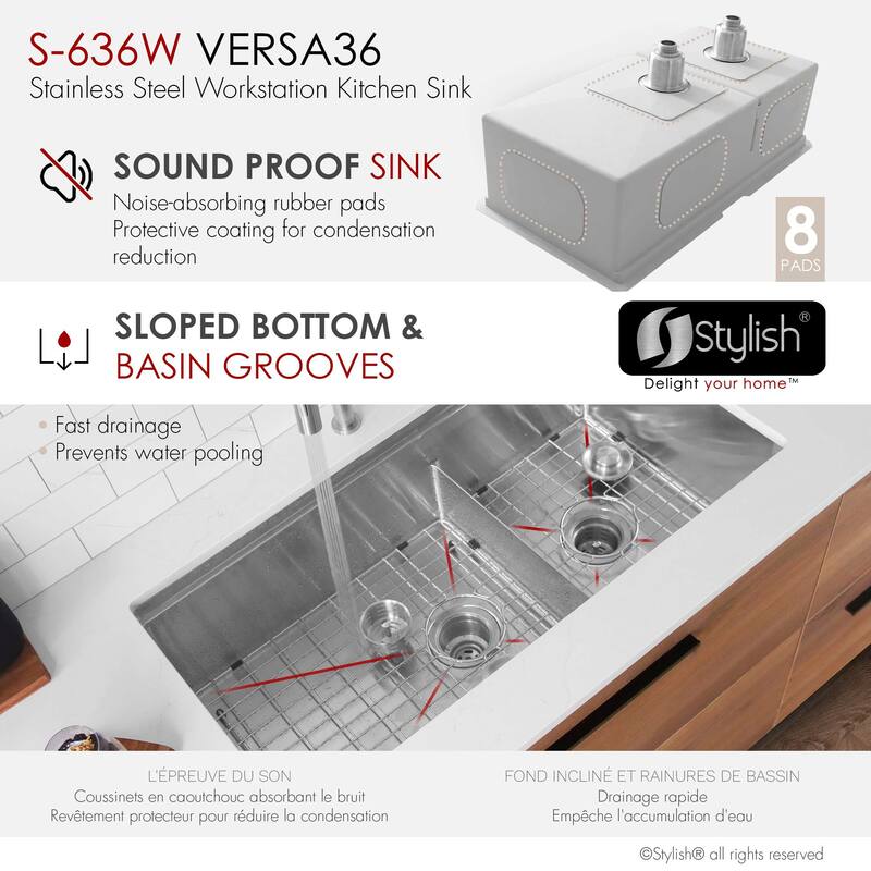 Stylish Versa36 Undermount 36" Double-Bowl Workstation Kitchen Sink - 36"x19"x10"