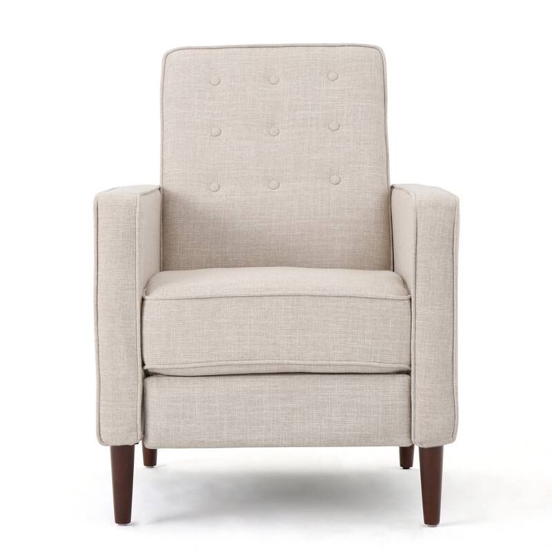 Beige Fabric Mid-Century Upholstered Push Back Recliner with Footrest, Button-tufted Backrest, Beech Wood Legs