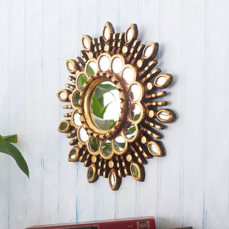 NOVICA Handmade Golden Blossom Wood And Glass Wall Accent Mirror - 11.75" H x 11.75" W x 1.2" D