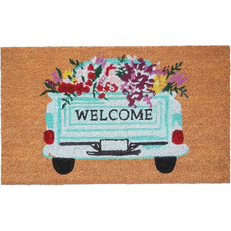 HomeRoots 17" X 29" Brown Aqua And Red Floral Welcome Outdoor Coir Door Mat - 17.00' X '29.00
